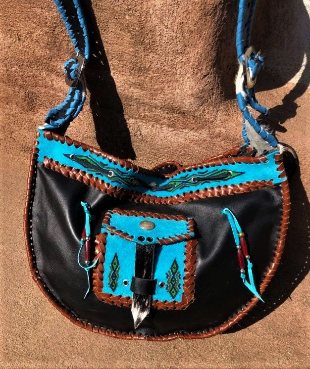 Ledertasche Ethno Schwarz Türkis