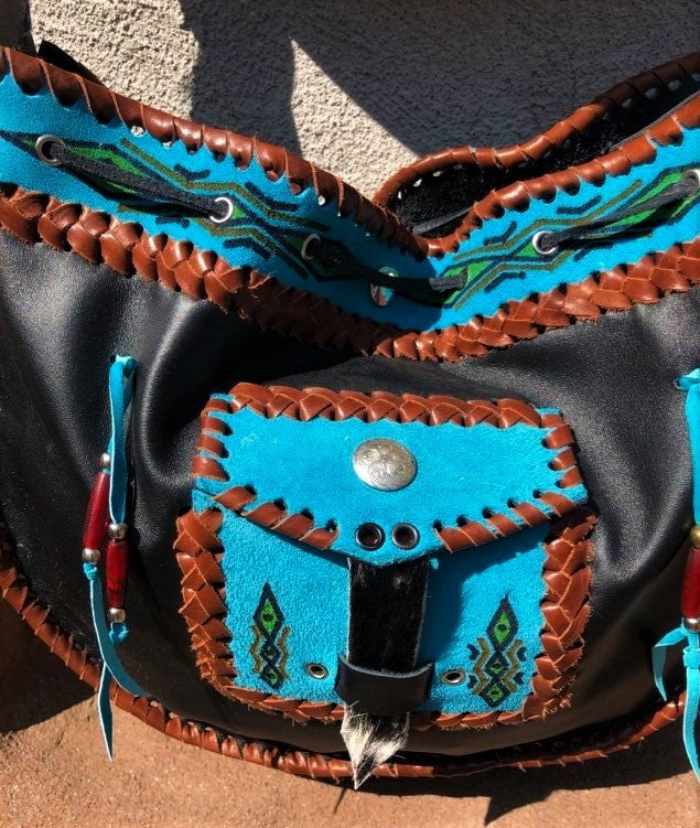 Ledertasche Ethno Schwarz Türkis