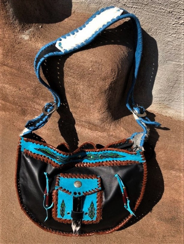 Ledertasche Ethno Schwarz Türkis