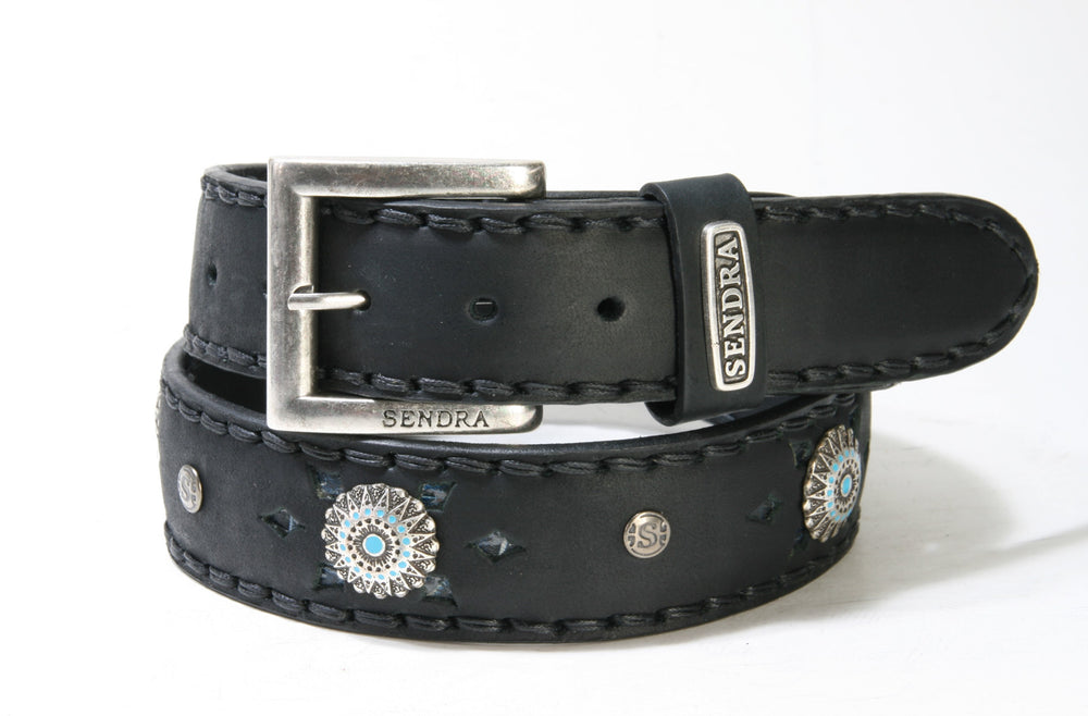 1187 Sendra Interchangeable Leather Belt Black Turquoise Conchas