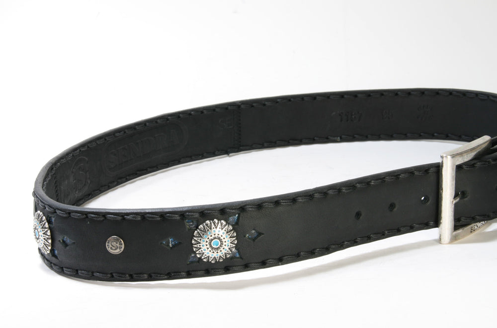 1187 Sendra Interchangeable Leather Belt Black Turquoise Conchas