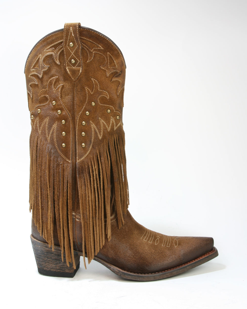 Seitenansicht der Mayura Cowboystiefel mit Fransen und Messingnieten am Schaft