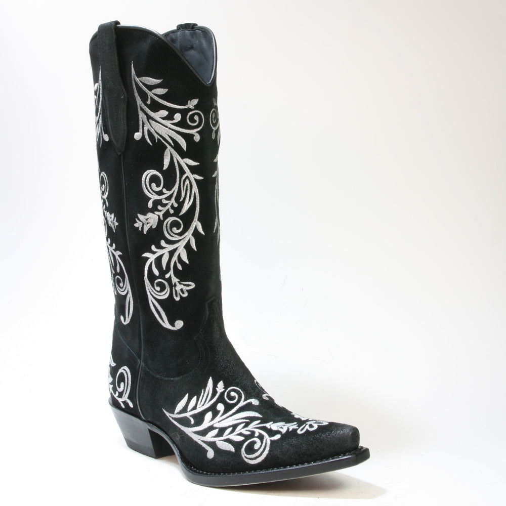 Mayura Cowboystiefel 2669 Negro aus schwarzem Nubukleder mit weißer Blumenstickerei, schräg von vorne