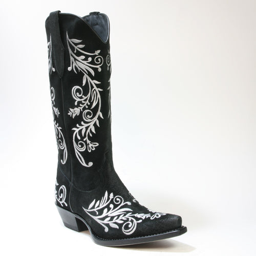 Mayura Cowboystiefel 2669 Negro aus schwarzem Nubukleder mit weißer Blumenstickerei, schräg von vorne