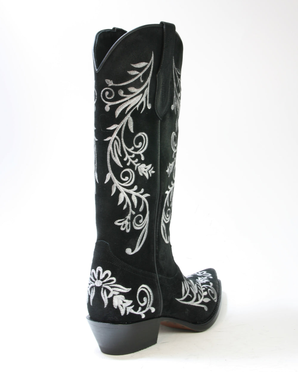Mayura Cowboystiefel 2669 Negro mit hohem Schaft und weißer Stickerei, schräg von hinten