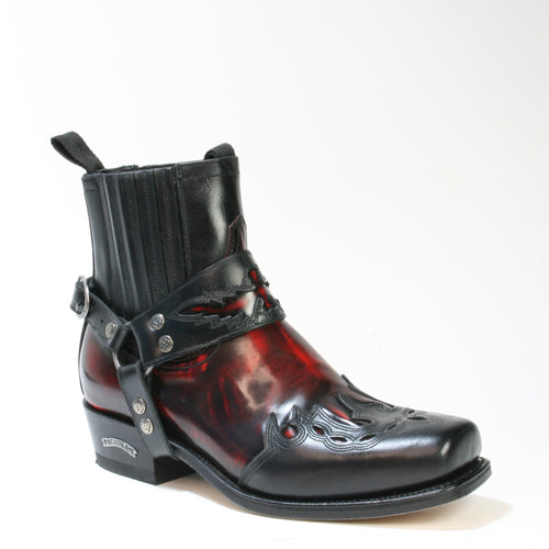 Sendra 7811 Bikerboots aus schwarzem und bordeauxfarbenem Glanzleder mit abnehmbarem Riemen