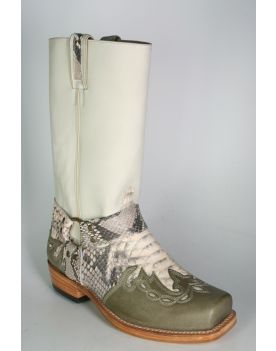 6074 Sancho Bikerboots Antik Linen Python Saba Oliv